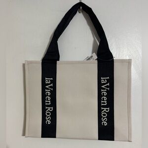 La Vie En Rose White Canvas Tote with Black Logo Straps NWT